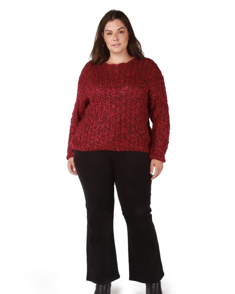 Front of a model wearing a size 0X Josie Chunky Knit Sweater in Red by DEX PLUS. | dia_product_style_image_id:246265